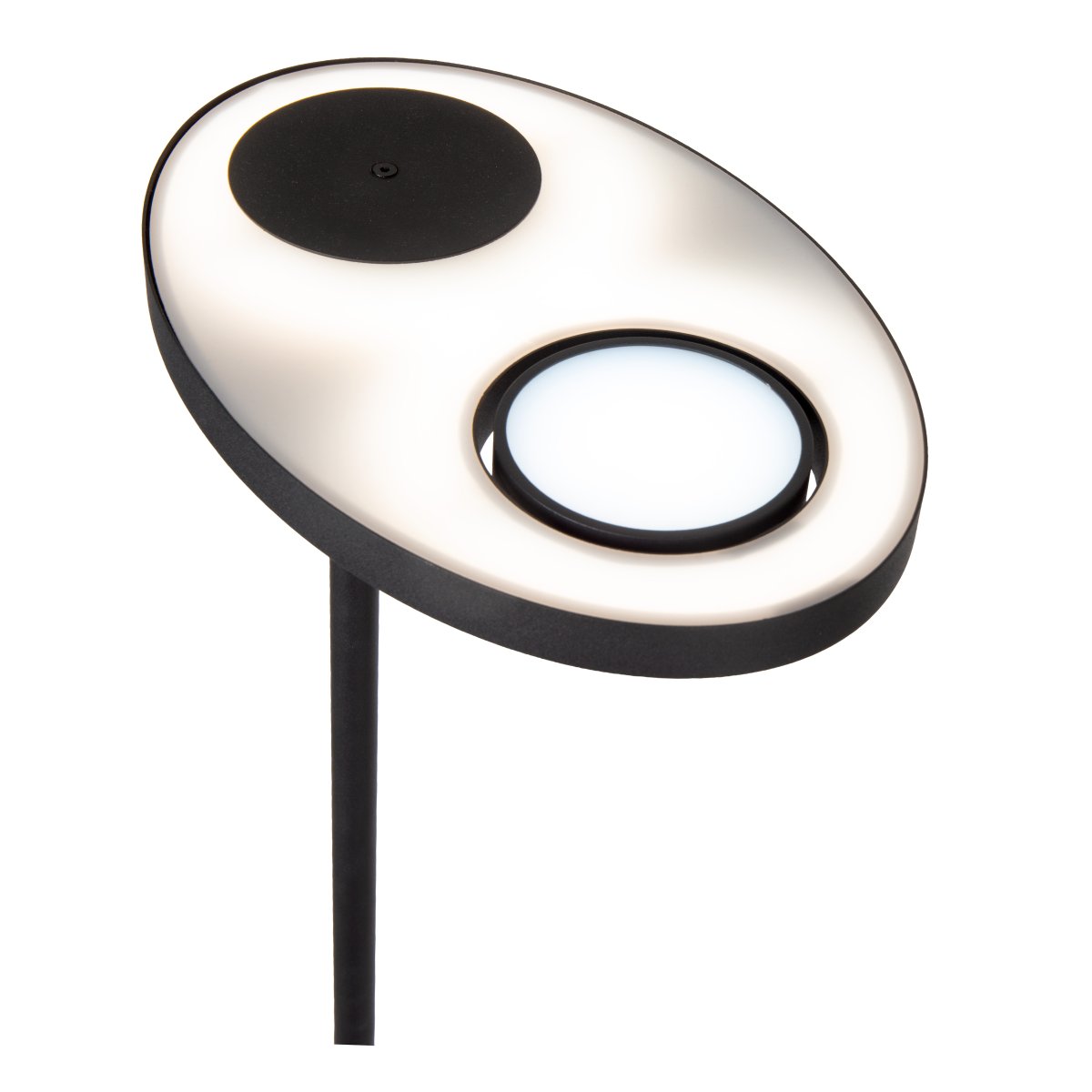 Ortolan Svart golvlampa från Lucide - Uplighten har en vridbar LED-panel i cirkelform som kan roteras runt sin egen axel f&ouml;r att rikta ljuset efter behov och lyser b&aring;de upp&aring;t och ned&aring;t &ndash; 690lm upptill och 506lm nedtill.
