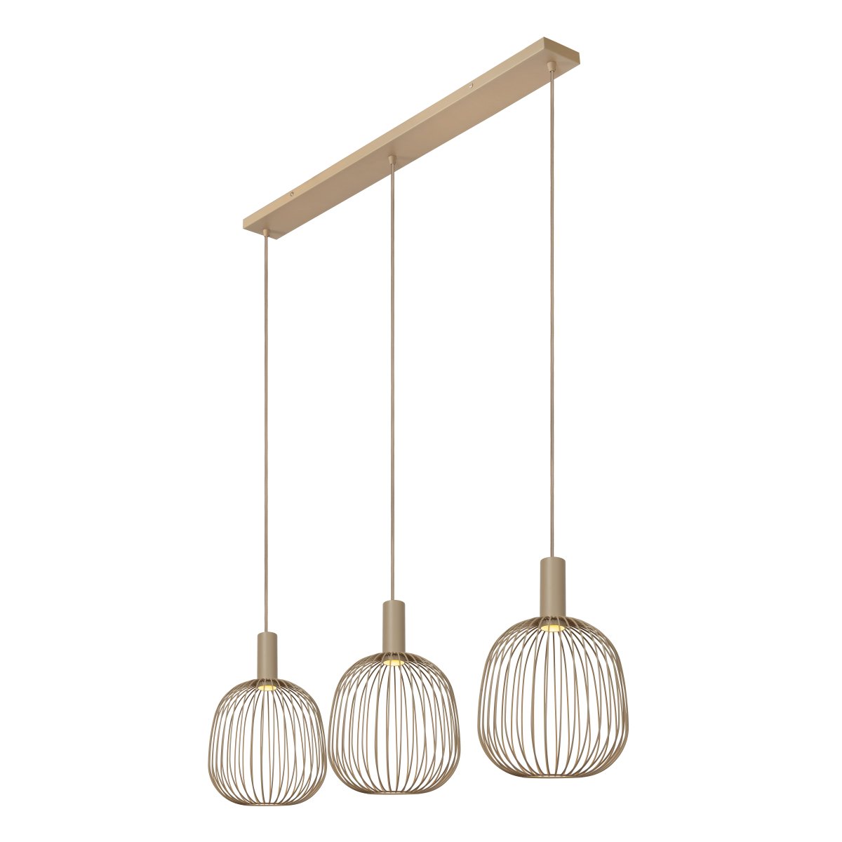 Esterel 116cm Beige taklampa från Lucide - Esterel &auml;r en stilren pendellampa i beige metall med tre &ouml;ppna sk&auml;rmar som ger ett mjukt och inbjudande ljus n&auml;r lampan &auml;r t&auml;nd.