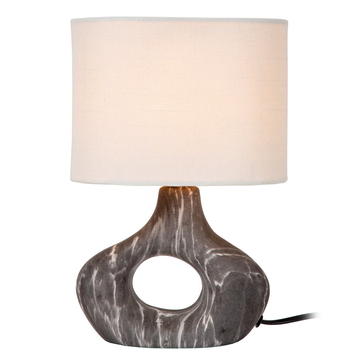Tomeo 30cm Svart bordslampa från Lucide - Den ovala lampsk&auml;rmen i vit textil sprider ett mjukt och behagligt ljus och kompletterar fotens form p&aring; ett fint s&auml;tt.