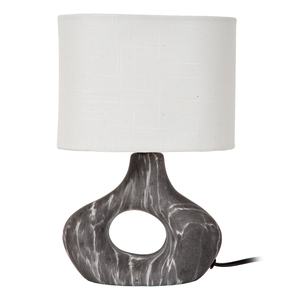 Tomeo 30cm Svart bordslampa från Lucide - Den ovala lampsk&auml;rmen i vit textil sprider ett mjukt och behagligt ljus och kompletterar fotens form p&aring; ett fint s&auml;tt.