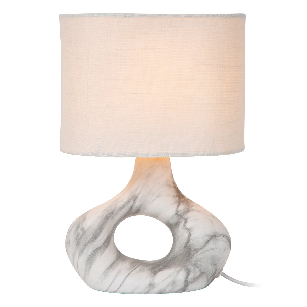 Tomeo 30cm Vit bordslampa från Lucide - Den ovala lampsk&auml;rmen i vit textil sprider ett mjukt och behagligt ljus och kompletterar fotens form p&aring; ett fint s&auml;tt.