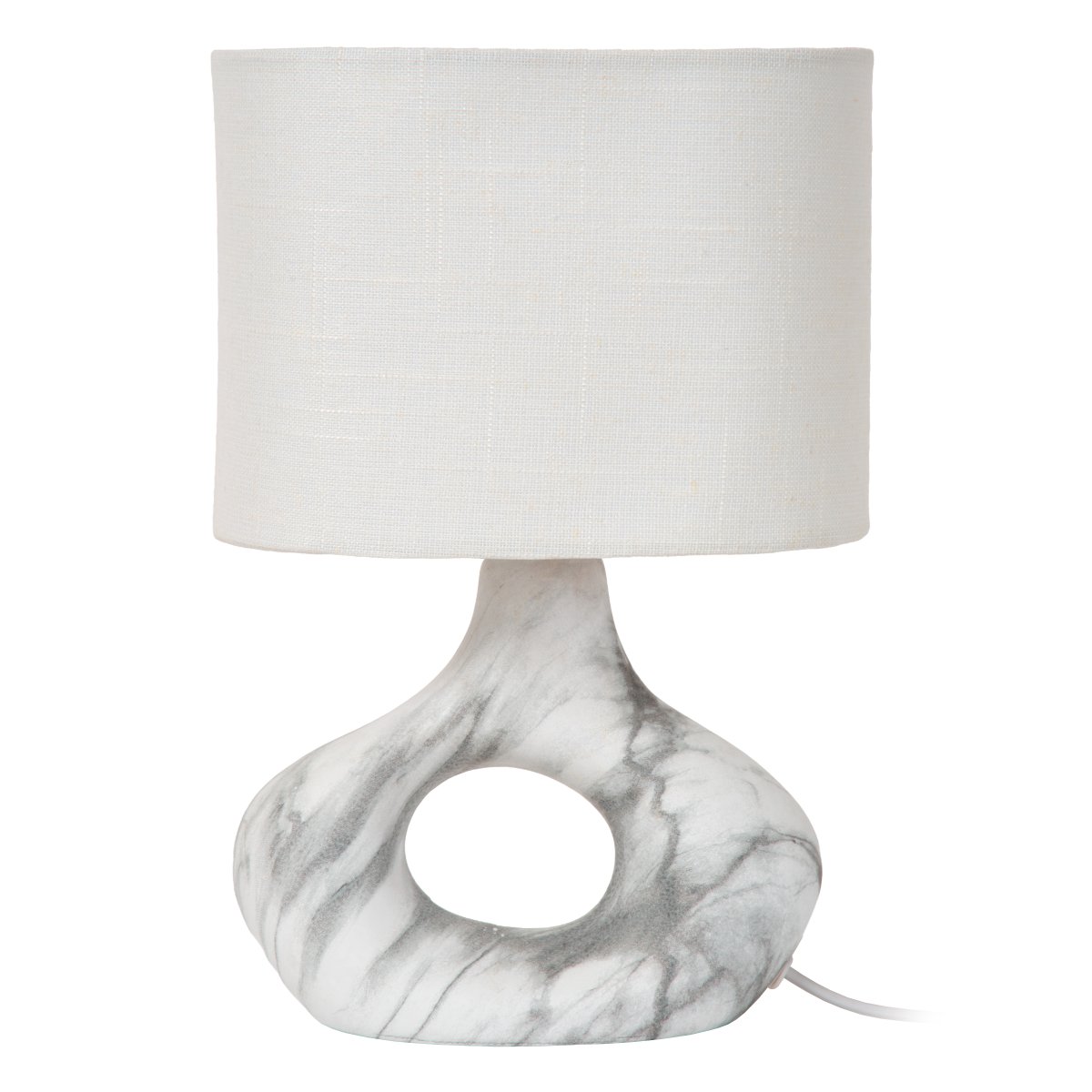 Tomeo 30cm Vit bordslampa från Lucide - Den ovala lampsk&auml;rmen i vit textil sprider ett mjukt och behagligt ljus och kompletterar fotens form p&aring; ett fint s&auml;tt.