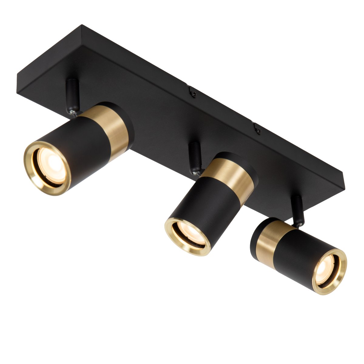 Gorik 3 Svart spotlight från Lucide - Armaturen i svart metall och detaljer i m&auml;ssingifinish passar perfekt i samtida inredningar.