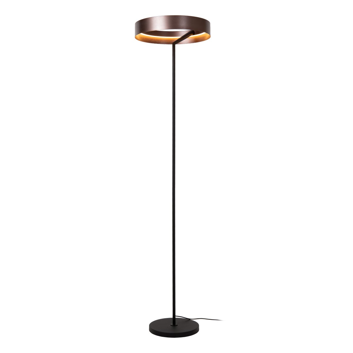 Leonard Brun golvlampa från Lucide - Den cirkelformade sk&auml;rmen har en elegant metallisk brun finish och en integrerad LED-list p&aring; insidan som sprider ett kraftfullt och behagligt ljus ned&aring;t.