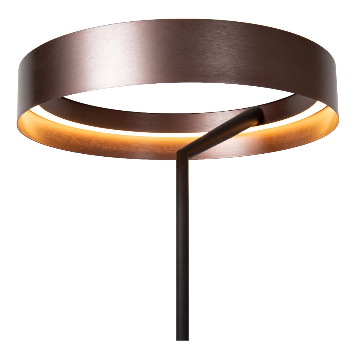 Leonard Brun golvlampa från Lucide - Den cirkelformade sk&auml;rmen har en elegant metallisk brun finish och en integrerad LED-list p&aring; insidan som sprider ett kraftfullt och behagligt ljus ned&aring;t.