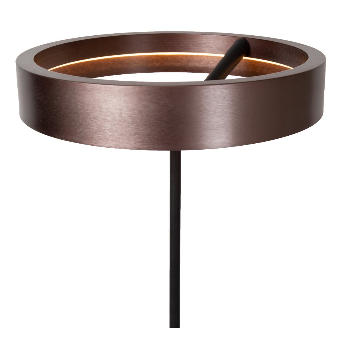 Leonard Brun golvlampa från Lucide - Den cirkelformade sk&auml;rmen har en elegant metallisk brun finish och en integrerad LED-list p&aring; insidan som sprider ett kraftfullt och behagligt ljus ned&aring;t.