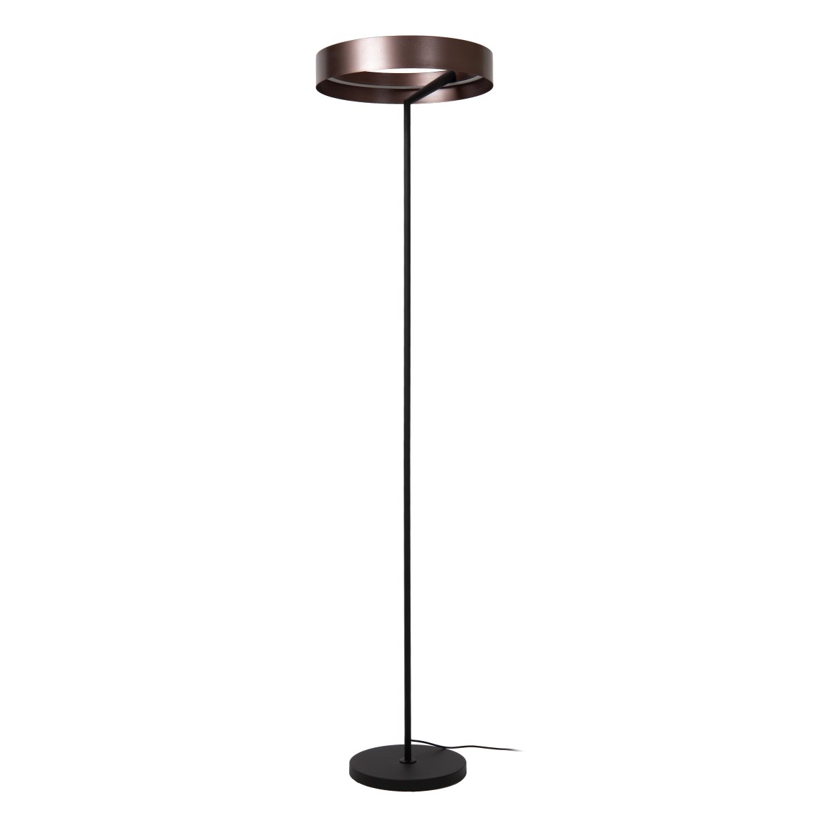 Leonard Brun golvlampa från Lucide - Den cirkelformade sk&auml;rmen har en elegant metallisk brun finish och en integrerad LED-list p&aring; insidan som sprider ett kraftfullt och behagligt ljus ned&aring;t.
