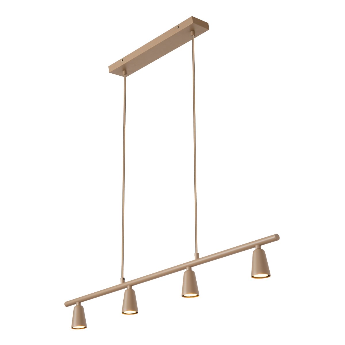 Tiana 95cm Beige taklampa från Lucide - Tiana pendel &auml;r en stilren och modern taklampa i beige metall med fyra ned&aring;triktade spotlights som ger ett bl&auml;ndfritt och dekorativt ljus.