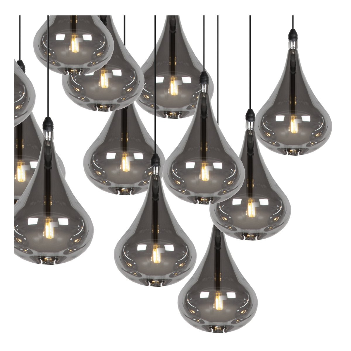 Tears 102cm Rökfärgad taklampa från Lucide - Varje &rdquo;droppe&rdquo; kan justeras individuellt i h&ouml;jd mellan 60 och 154 cm, vilket g&ouml;r det enkelt att skapa en personlig och dynamisk ljusinstallation.