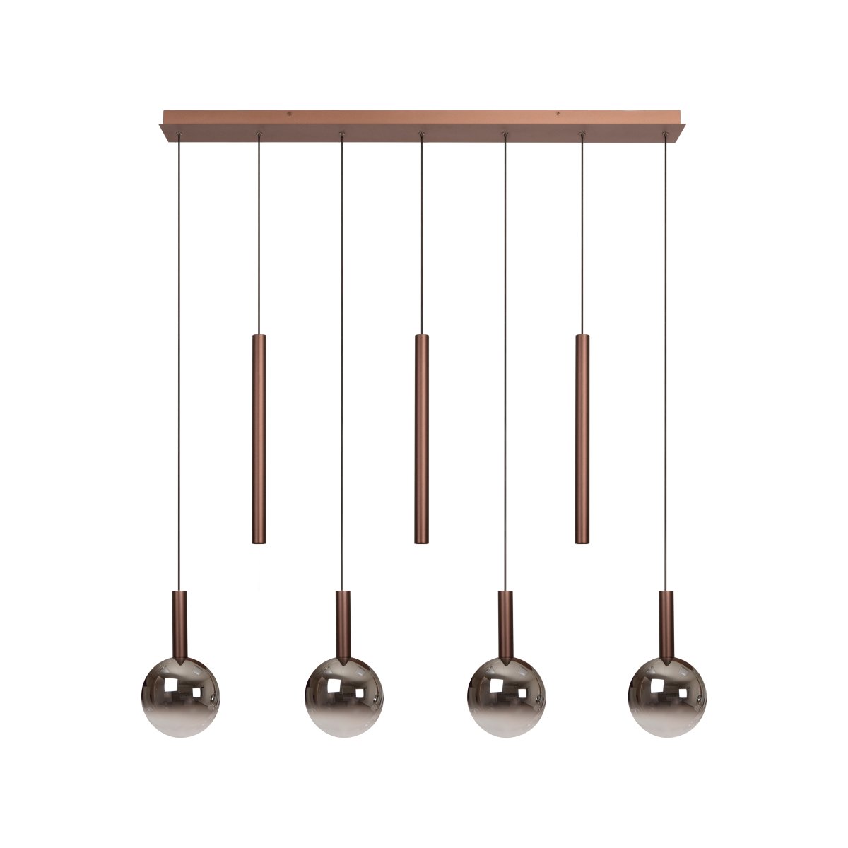 Jamsine 137cm Koppar taklampa från Lucide - De r&ouml;ktonade kuporna sprider ett varmt och behagligt ljus, medan de tre spotlightsen ger ett riktat och starkt ljus ned&aring;t.