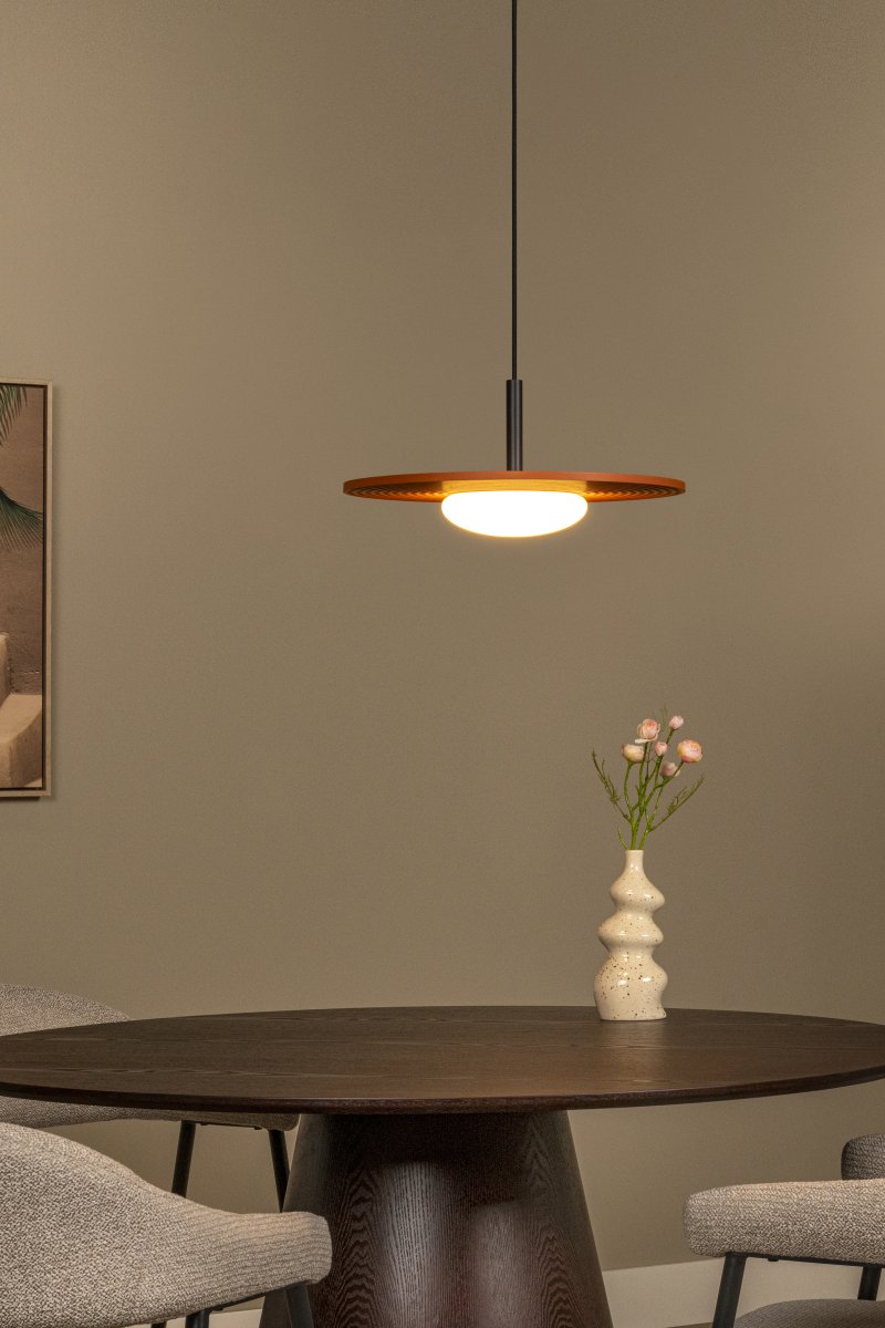 Carmino Ø38 Terracotta taklampa från Lucide - Carmino takpendel har ett modernt uttryck med en platt sk&auml;rm av tr&auml; i en varm terrakottaf&auml;rg.