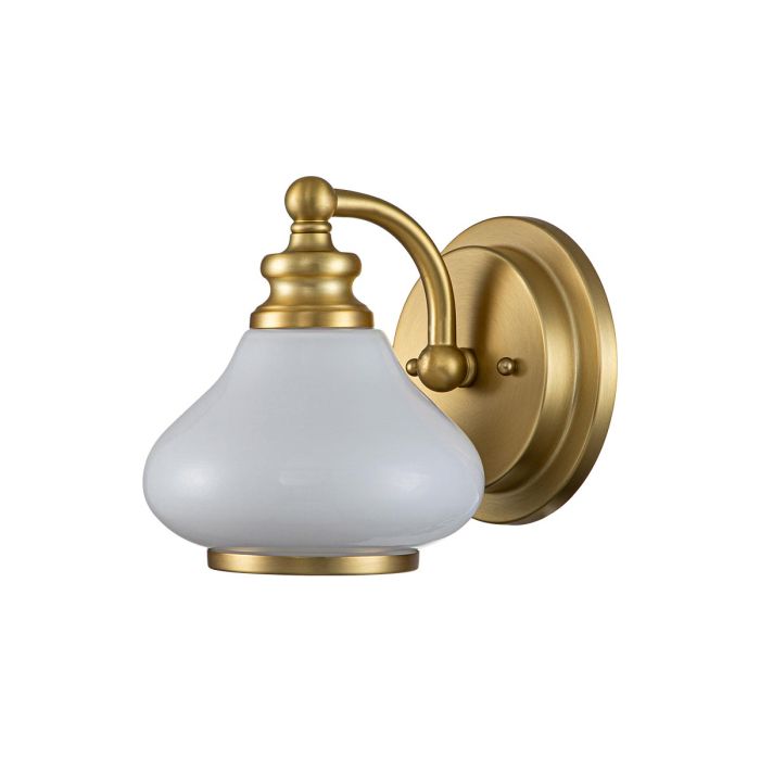 Ainsley Ø16 Borstad mässing badrumslampa från Elstead Lighting - Den kupformade sk&auml;rmen av opalglas ger ett mjukt och behagligt ljus och kombineras av en elegant borstad m&auml;ssingfinish som s&auml;tter pricken &ouml;ver i:et.