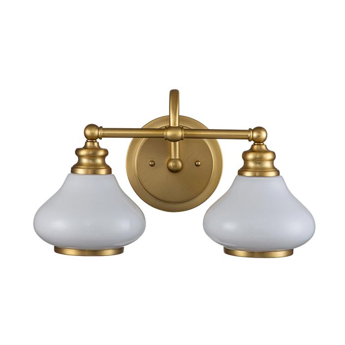 Ainsley 40cm Borstad mässing badrumslampa från Elstead Lighting - De kupformade sk&auml;rmarna av opalglas ger ett mjukt och behagligt ljus och kombineras av en elegant borstad m&auml;ssingfinish som s&auml;tter pricken &ouml;ver i:et.