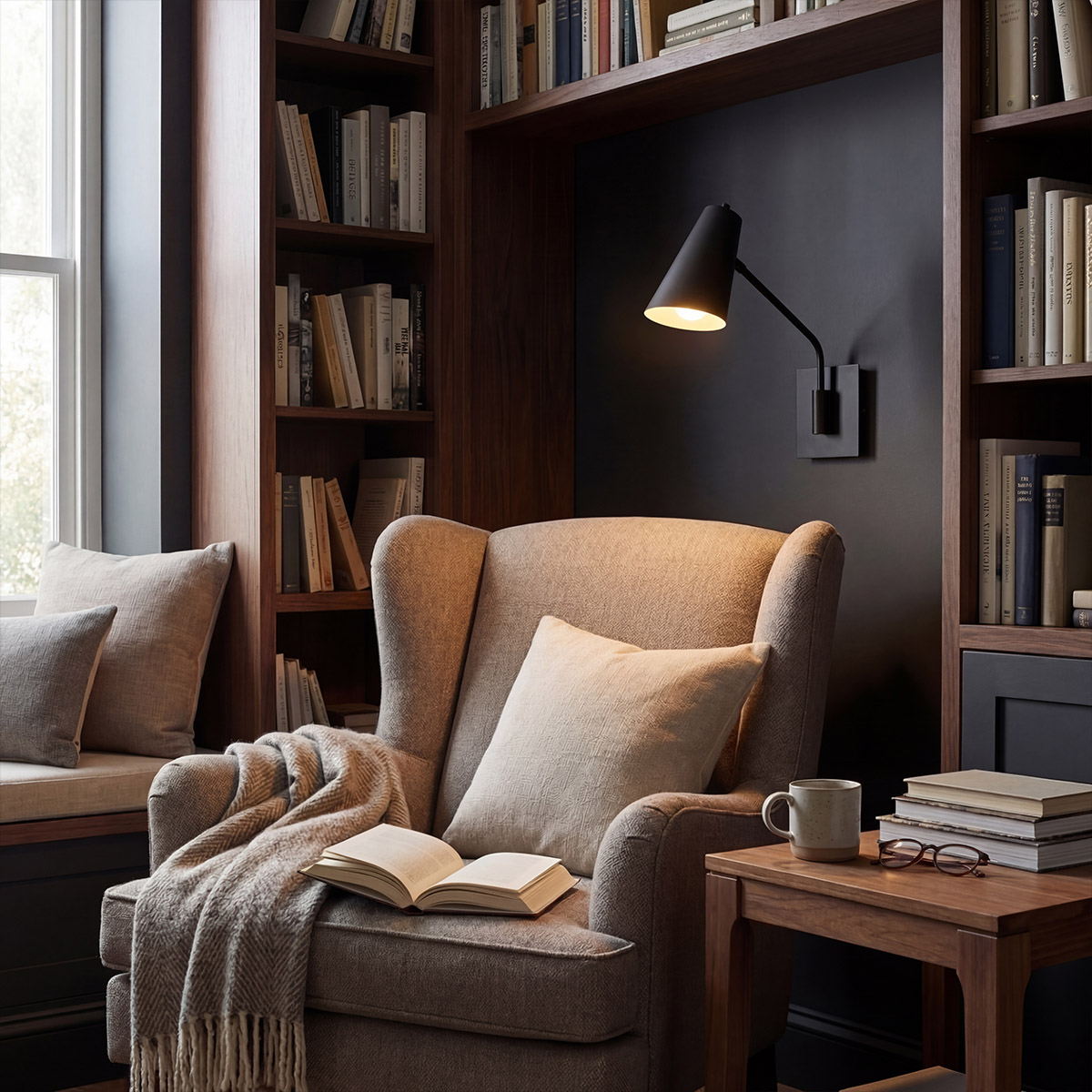 Bray 42cm Svart läslampa från Elstead Lighting - Bray har dessutom en diskret integrerad str&ouml;mbrytare som g&ouml;r det enkelt att t&auml;nda och sl&auml;cka lampan direkt p&aring; armaturen.