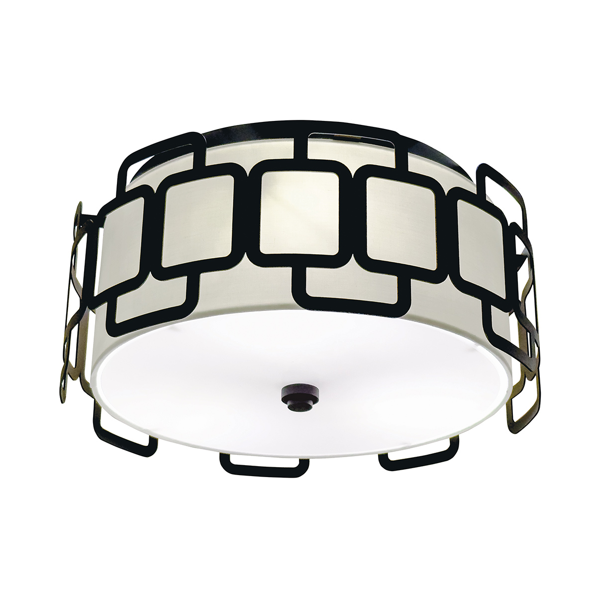 Sabina Ø38 Svart plafond från Elstead Lighting - Den geometriska konstruktionen i svart st&aring;l skapar ett stilfullt m&ouml;nster runt textilsk&auml;rmen i off-white f&auml;rg och ger lampan en modern karakt&auml;r.