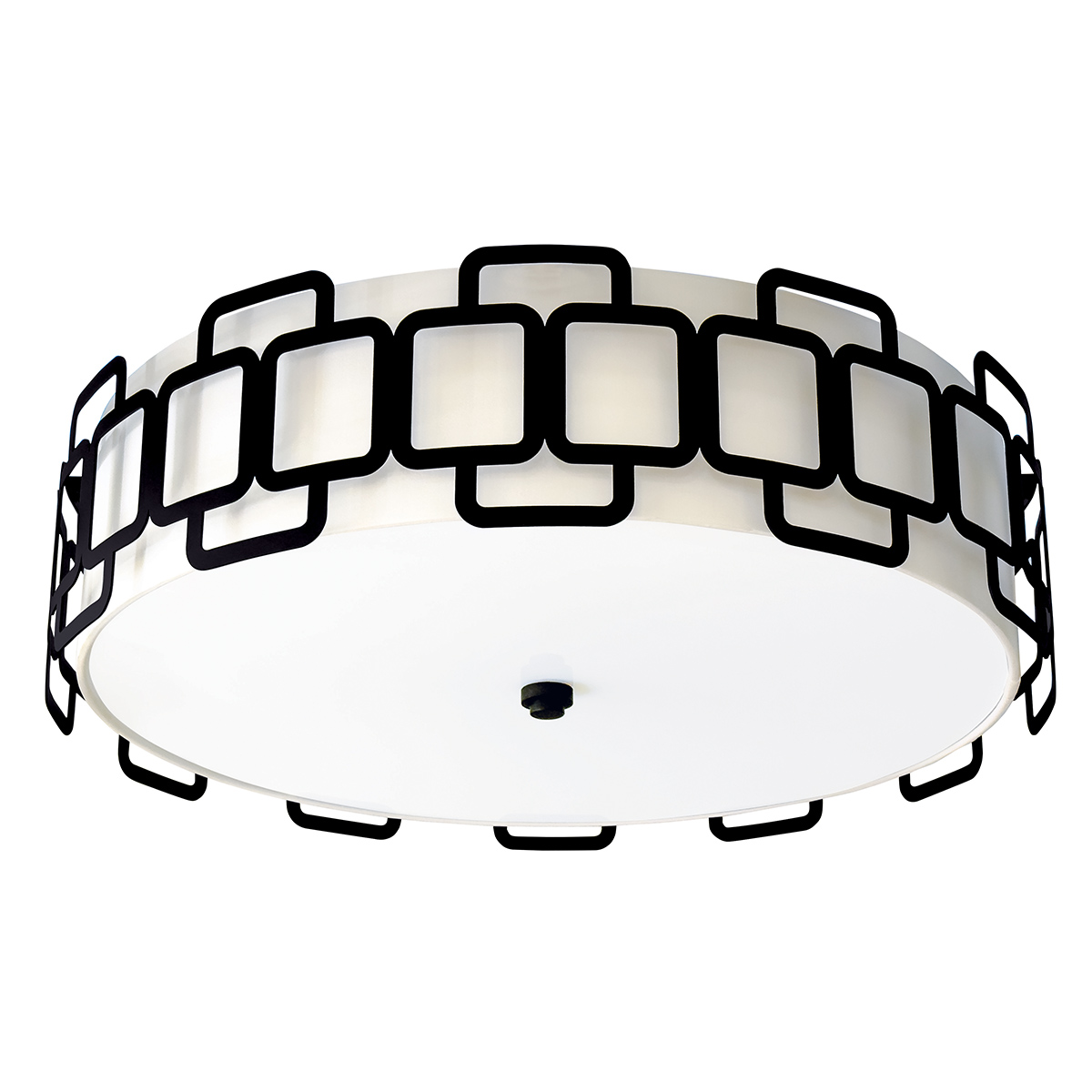 Sabina Ø57 Svart plafond från Elstead Lighting - Den geometriska konstruktionen i svart st&aring;l skapar ett stilfullt m&ouml;nster runt textilsk&auml;rmen i off-white f&auml;rg och ger lampan en modern karakt&auml;r.