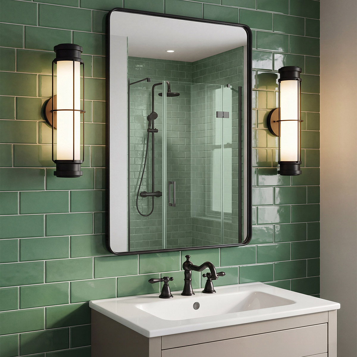 Saylor 43cm Svart badrumslampa från Elstead Lighting - Armaturen &auml;r tillverkad i metall med en mattsvart finish och har ett avl&aring;ngt opalglas som sprider ett j&auml;mnt och fint ljus.