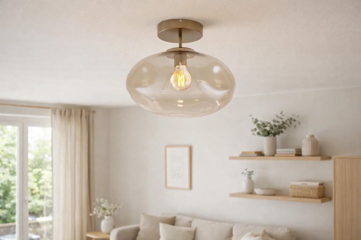 Iformo Ø35 Borstad mässing/amber plafond från Nordic Lighting - Lampan &auml;r tillverkad av metall med en elegant borstad m&auml;ssingfinish och har en unik kupa i ambertonat glas.