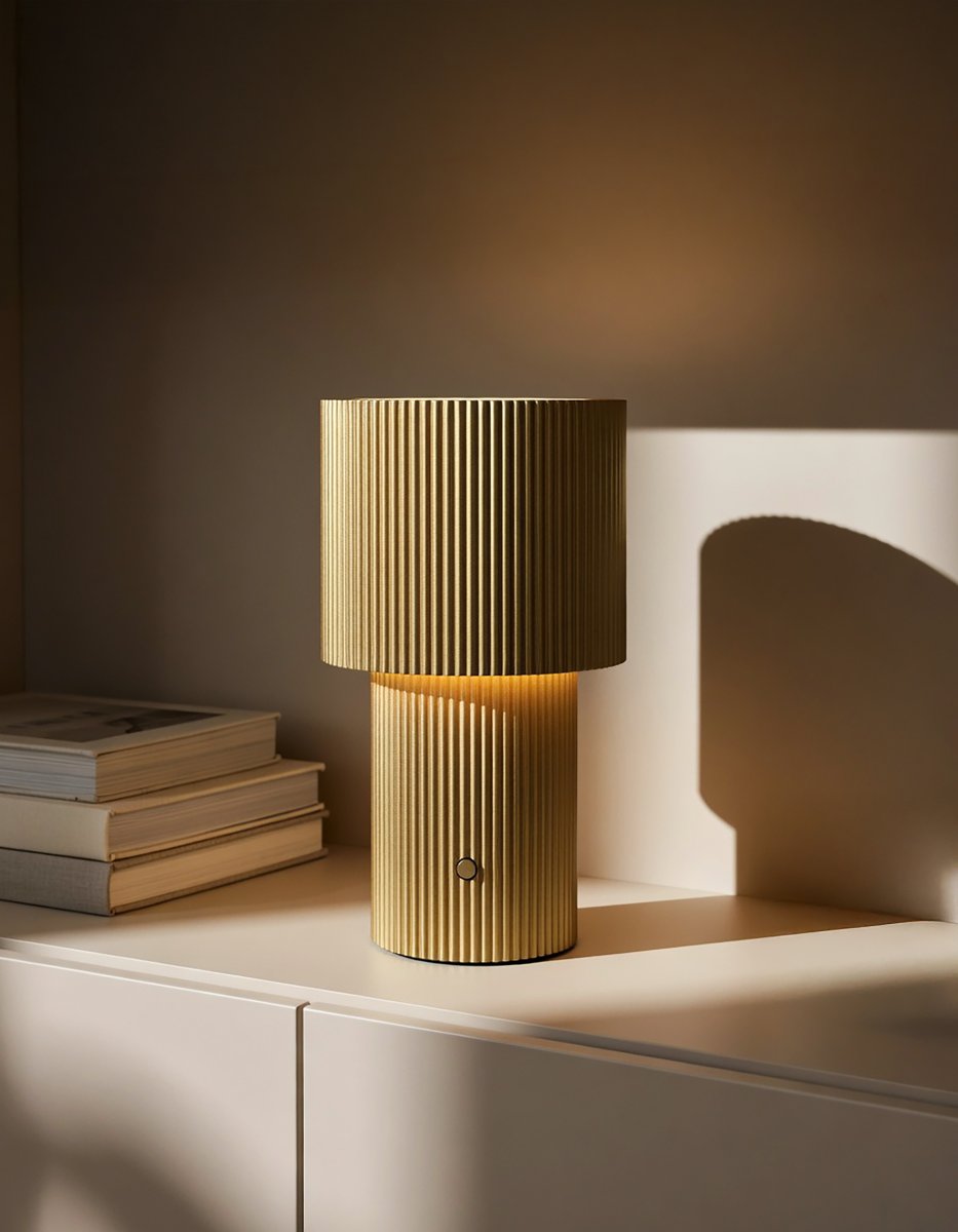 Iluma 22cm Guld portabel från Herstal - Iluma har integrerad LED med ett varmvitt ljus p&aring; 2700K och ett ljusfl&ouml;de p&aring; 60 lumen.