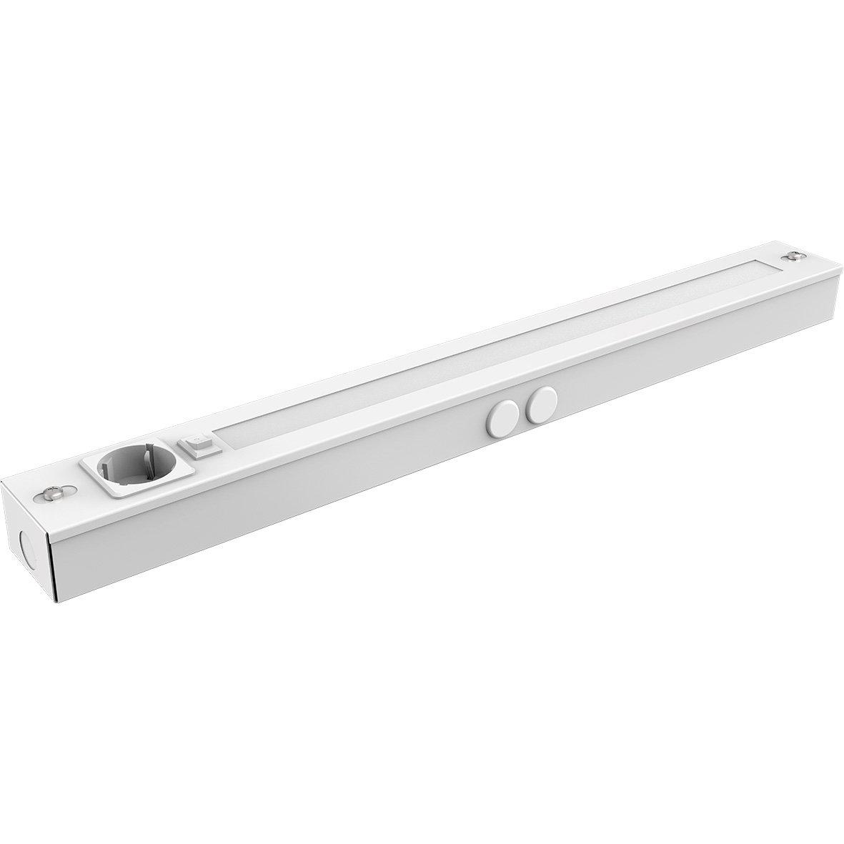 Bänky m. uttag 58cm Vit från Designlight - Denna modell &auml;r 580 mm l&aring;ng och ger ett kraftfullt, j&auml;mnt ljus med en effekt p&aring; 10W och ljusfl&ouml;de p&aring; hela 1000 lumen, idealisk f&ouml;r att lysa upp hela b&auml;nkytan.
