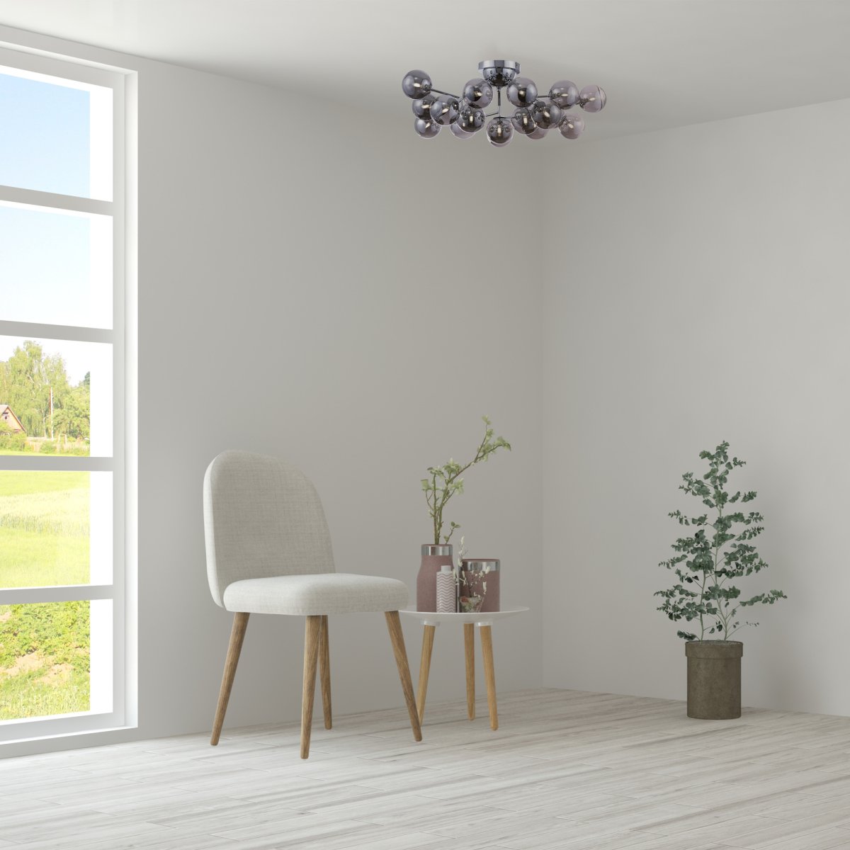 Dallas 20 Krom plafond från Maytoni - Dess unika design med runda glaskupor i olika riktningar skapar ett dramatiskt och elegant ljusspel som fyller rummet med v&auml;rme och karakt&auml;r.