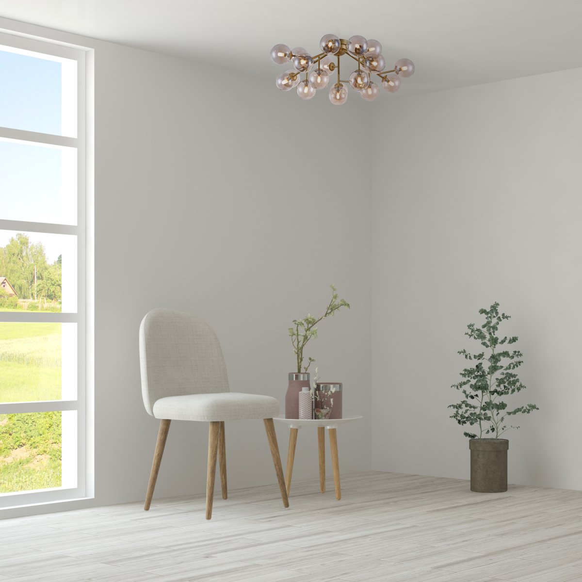 Dallas 20 Guld plafond från Maytoni - Dess unika design med runda glaskupor i olika riktningar skapar ett dramatiskt och elegant ljusspel som fyller rummet med v&auml;rme och karakt&auml;r.