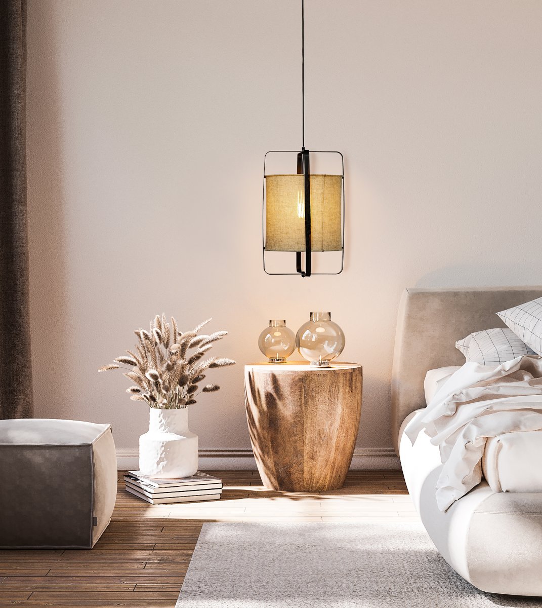 Ronda Ø30 Natur taklampa från Aneta Lighting - Ronda &auml;r en modern taklampa med en metallstomme och ett linneliknande tyg som skapar en varm och mysig atmosf&auml;r.