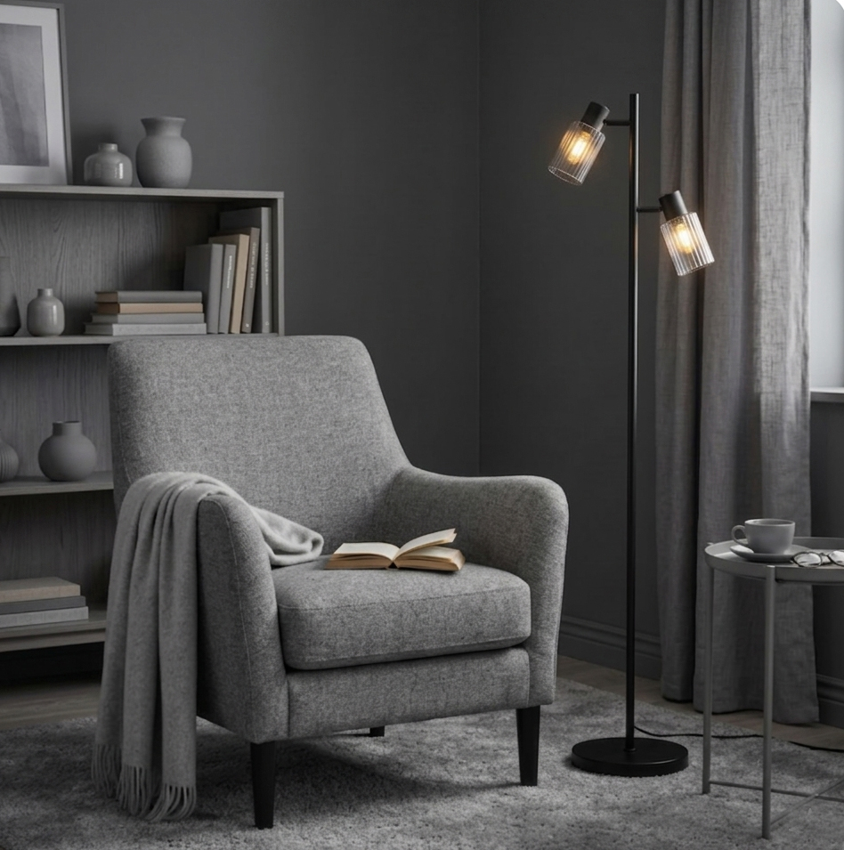 Kiera 2 Svart/Rökfärgad golvlampa från Cottex - Det tonade glaset skapar ett mjukt och st&auml;mningsfullt ljus samtidigt som den ribbade strukturen ger ett vackert ljusspel.