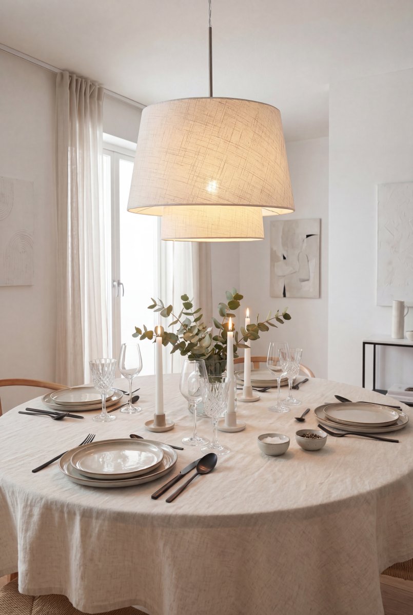 Doble Ø48 Beige taklampa från Aneta Lighting - Doble takpendel har en stilren och mjuk design d&auml;r tv&aring; textilsk&auml;rmar i olika storlekar m&ouml;ts i ett vackert lager-p&aring;-lager-uttryck.