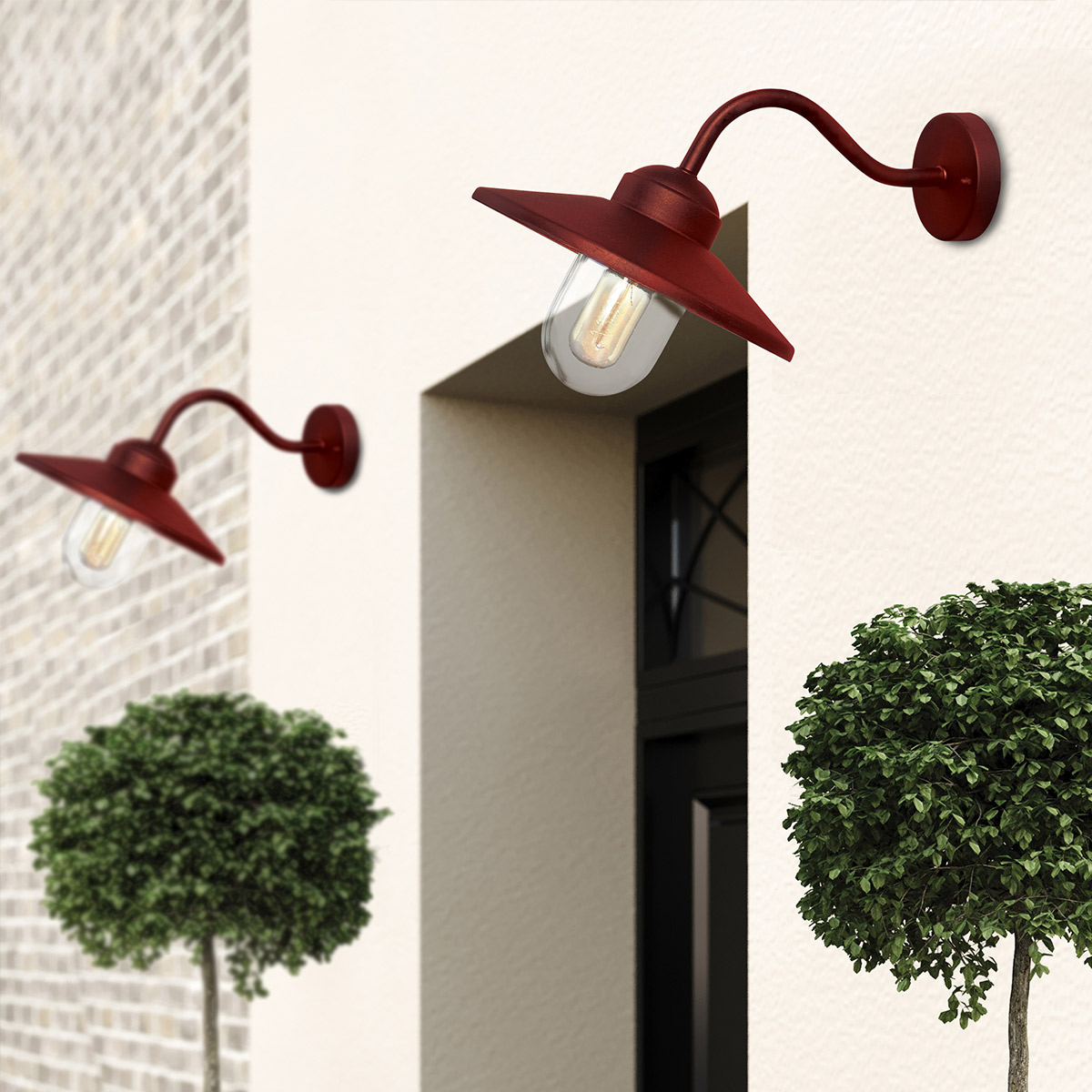 Klampenborg Ø28 Röd utelampa från Elstead Lighting - Tillverkad av rostfritt st&aring;l i oxid r&ouml;d finish och glas, erbjuder den en robust konstruktion som st&aring;r emot v&auml;der och vind.