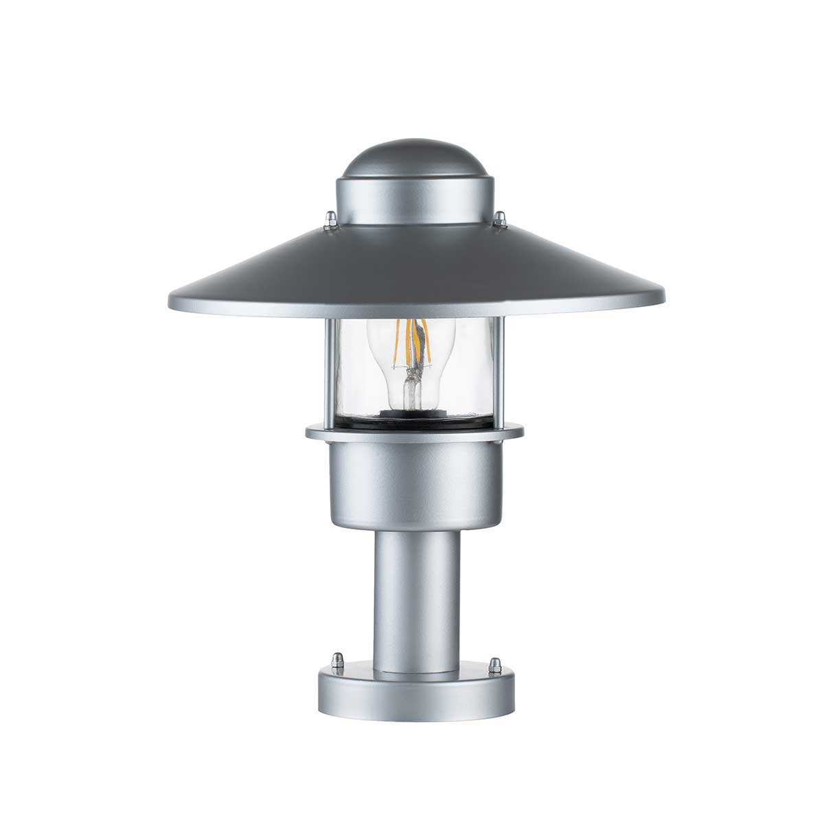 Klampenborg 32cm Silver från Elstead Lighting - Tillverkad av rostfritt st&aring;l i silverfinish och glas, erbjuder den en robust konstruktion som st&aring;r emot v&auml;der och vind.