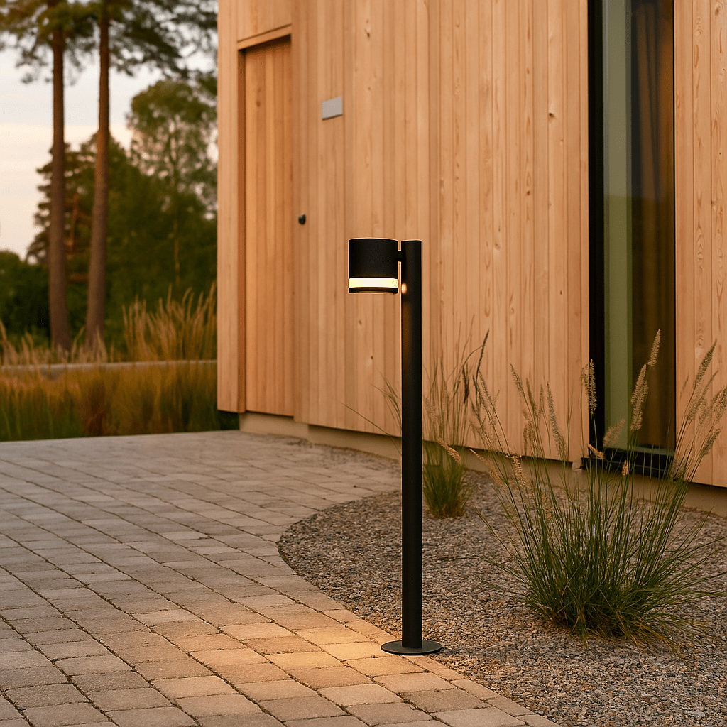 Karlshamn 80cm Svart pollare från Nordic Lighting - Lampan sprider ett mjukt ljus ned&aring;t samtidigt som ljuset &auml;ven fl&ouml;dar genom springan och skapar ett subtilt rundstr&aring;lande sken.
