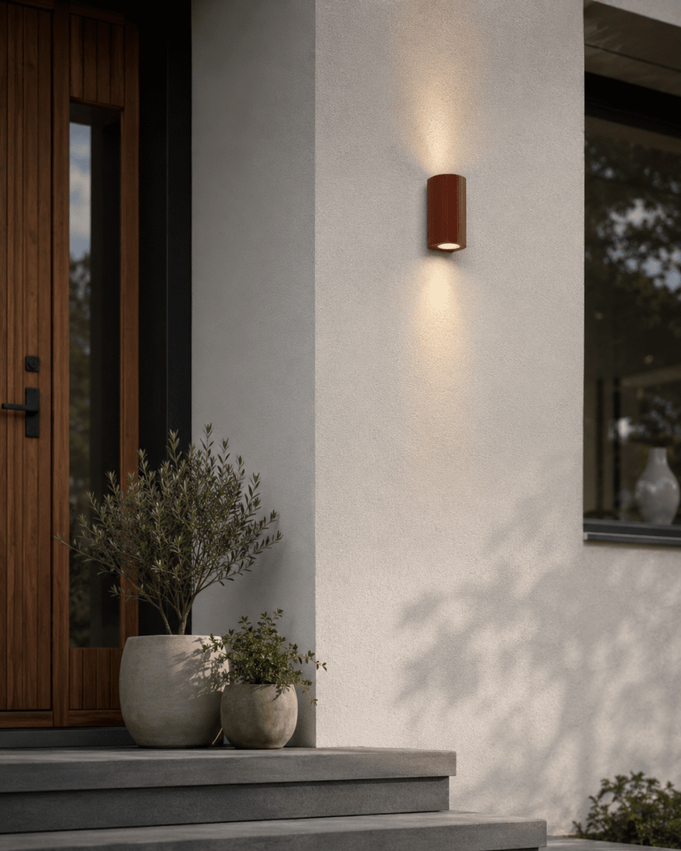 Freja Duo Rost utelampa från Lampan - Tillverkad av metall i en rost/orange finish med en dekorativ ribbad struktur som ger lampan ett levande och exklusivt utseende.