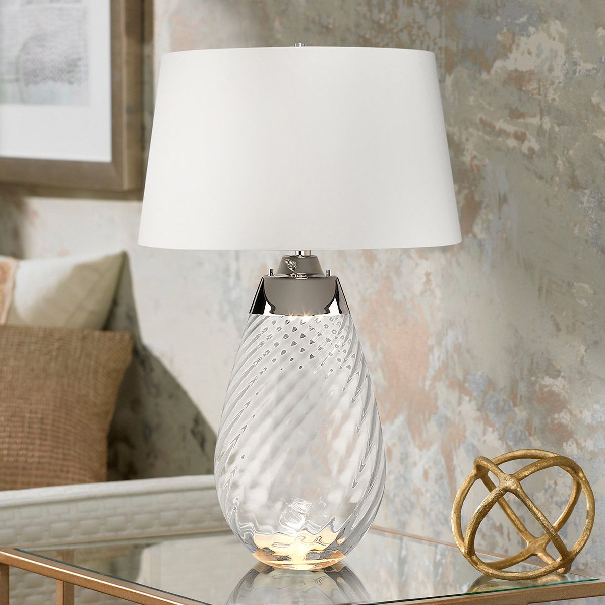 Lena 74cm Vit/rökfärgad bordslampa från Elstead Lighting - Sk&auml;rmen &auml;r av satinmjuk textil i en offwhite f&auml;rg med en matt silverlaminerad insida.
