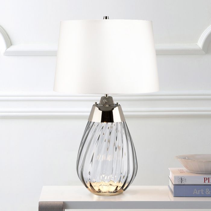 Lena 60cm Vit/rökfärgad bordslampa från Elstead Lighting - Sk&auml;rmen &auml;r av satinmjuk textil i en offwhite f&auml;rg med en matt silverlaminerad insida.