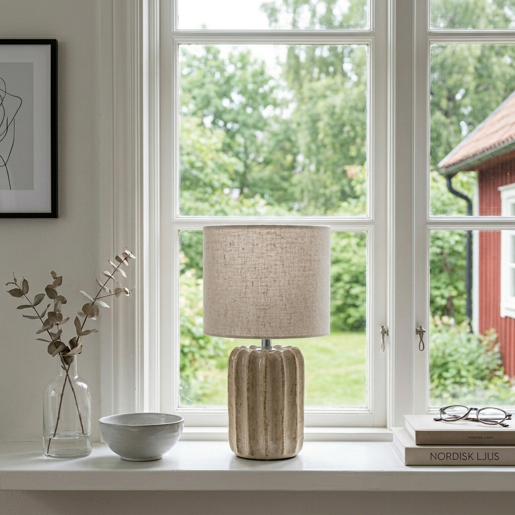 Flint 33cm Beige bordslampa från Cottex - Lampfoten kombineras med en beige textilsk&auml;rm som skapar en mjuk och harmonisk helhet.