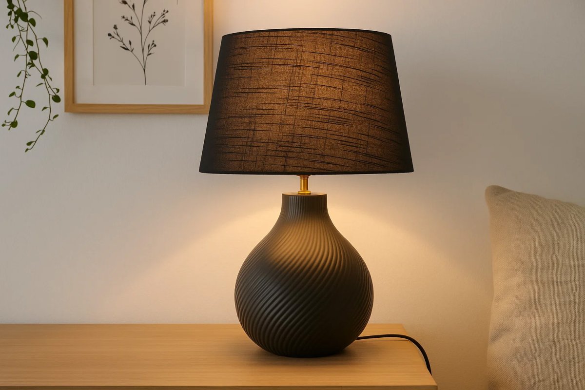 Manchester 50cm Svart bordslampa från Nordic Lighting - Manchester bordslampa i svart har en stilfull keramisk fot med vridna r&auml;fflor och en matchande linnesk&auml;rm.