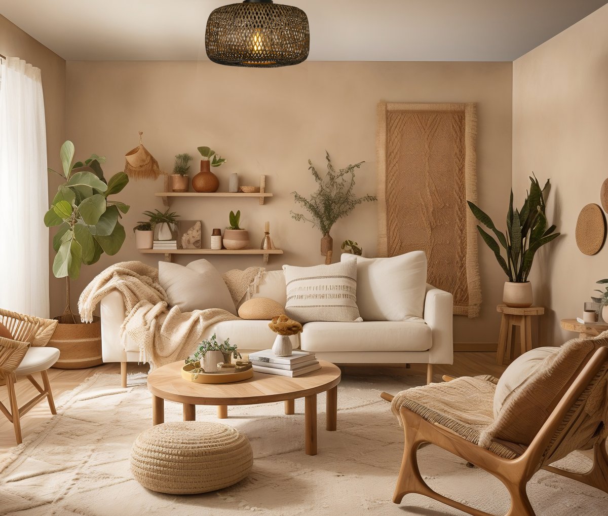 Savanna Ø40 Natur plafond från Aneta Lighting - Den fl&auml;tade rotting-sk&auml;rmen ger ett varmt och inbjudande ljus till rummet och skapar en avslappnad och behaglig atmosf&auml;r.
