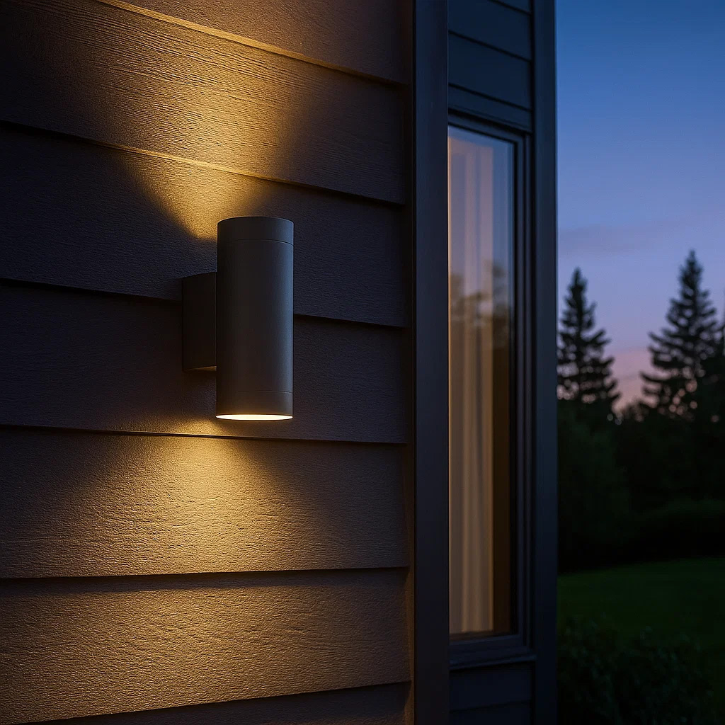 Oden Duo Antracit utelampa från Lampan - Lampan lyser fint b&aring;de upp och ner p&aring; v&auml;ggen.