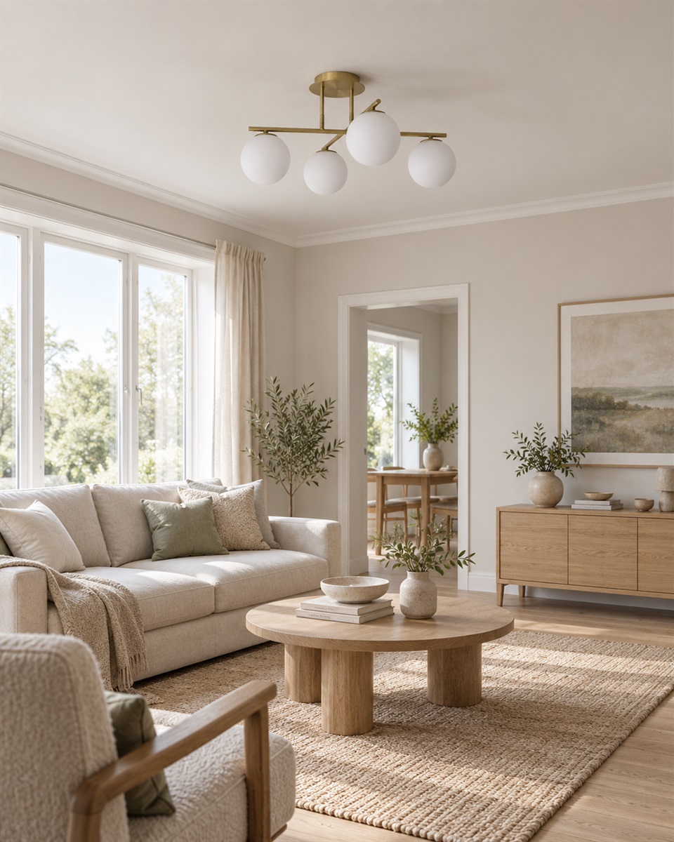 Globi 4 Ø65 Borstad mässing/vit plafond från Nordic Lighting - Metallstommen i borstad m&auml;ssingfinish skapar en elegant kontrast mot de fyra runda kuporna i opalglas, som sprider ljuset j&auml;mnt i rummet utan att bl&auml;nda.