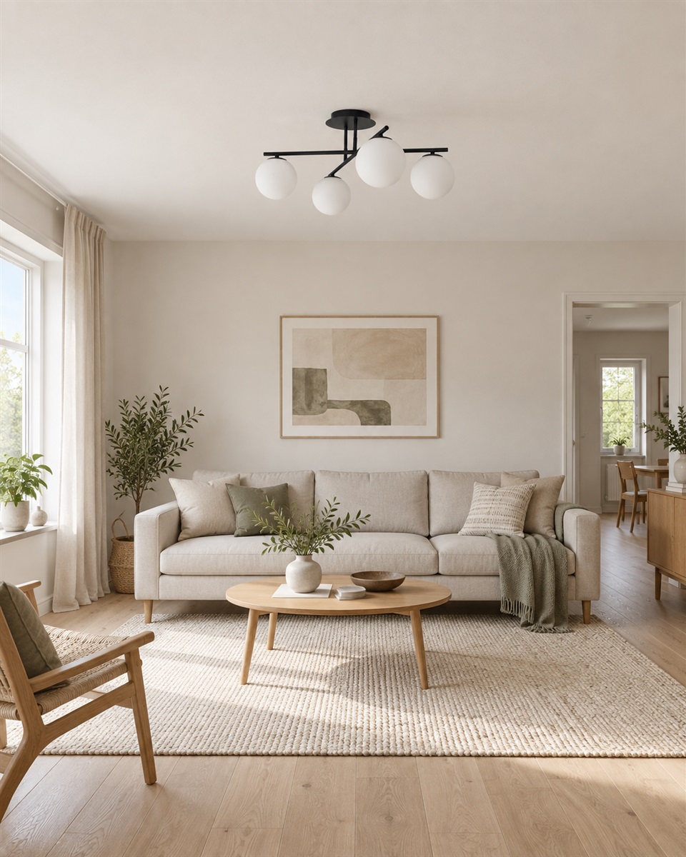Globi 4 Ø65 Svart/Vit plafond från Nordic Lighting - Den svarta metallstommen skapar en elegant kontrast mot de fyra runda kuporna i opalglas, som sprider ljuset j&auml;mnt i rummet utan att bl&auml;nda.