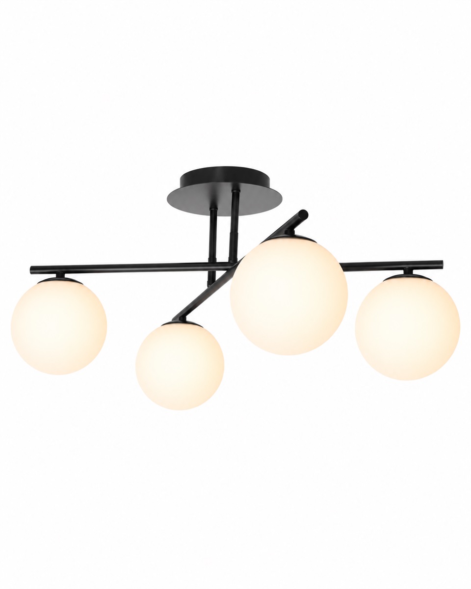 Globi 4 Ø65 Svart/Vit plafond från Nordic Lighting - Den svarta metallstommen skapar en elegant kontrast mot de fyra runda kuporna i opalglas, som sprider ljuset j&auml;mnt i rummet utan att bl&auml;nda.