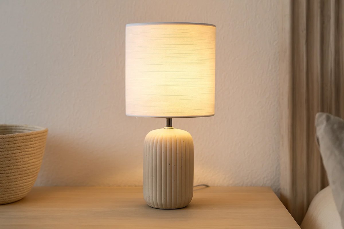 Palizzo 33cm Beige bordslampa från Nordic Lighting - Palizzo bordslampa har en keramisk fot i beige f&auml;rg med eleganta vertikala r&auml;fflor och en vit linnesk&auml;rm.