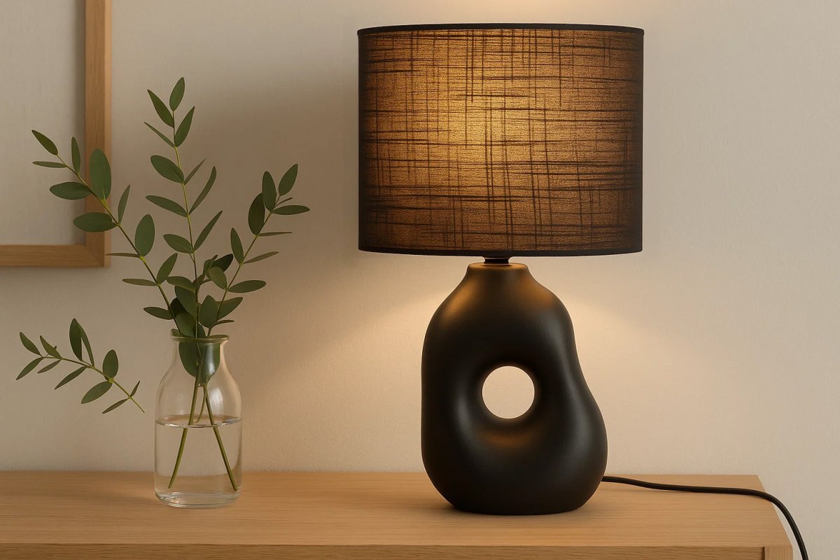 Pikazo 45cm Svart bordslampa från Lampan - Pikazo bordslampa i svart har en unik keramisk fot med skulptural form och ett dekorativt genomg&aring;ende h&aring;l, kompletterad med en matchande, oval linnesk&auml;rm.