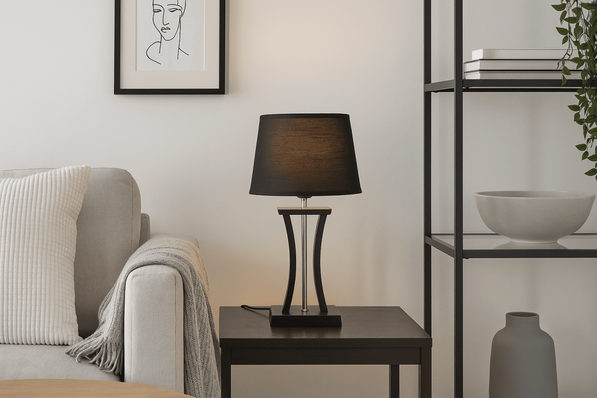 Pilastro 48cm Svart bordslampa från Lampan - Med sin eleganta svarta, ovala lampsk&auml;rm av textil och unika fot i metall ger den ett stilrent intryck oavsett om du st&auml;ller den i vardagsrummet, sovrummet eller p&aring; kontoret.