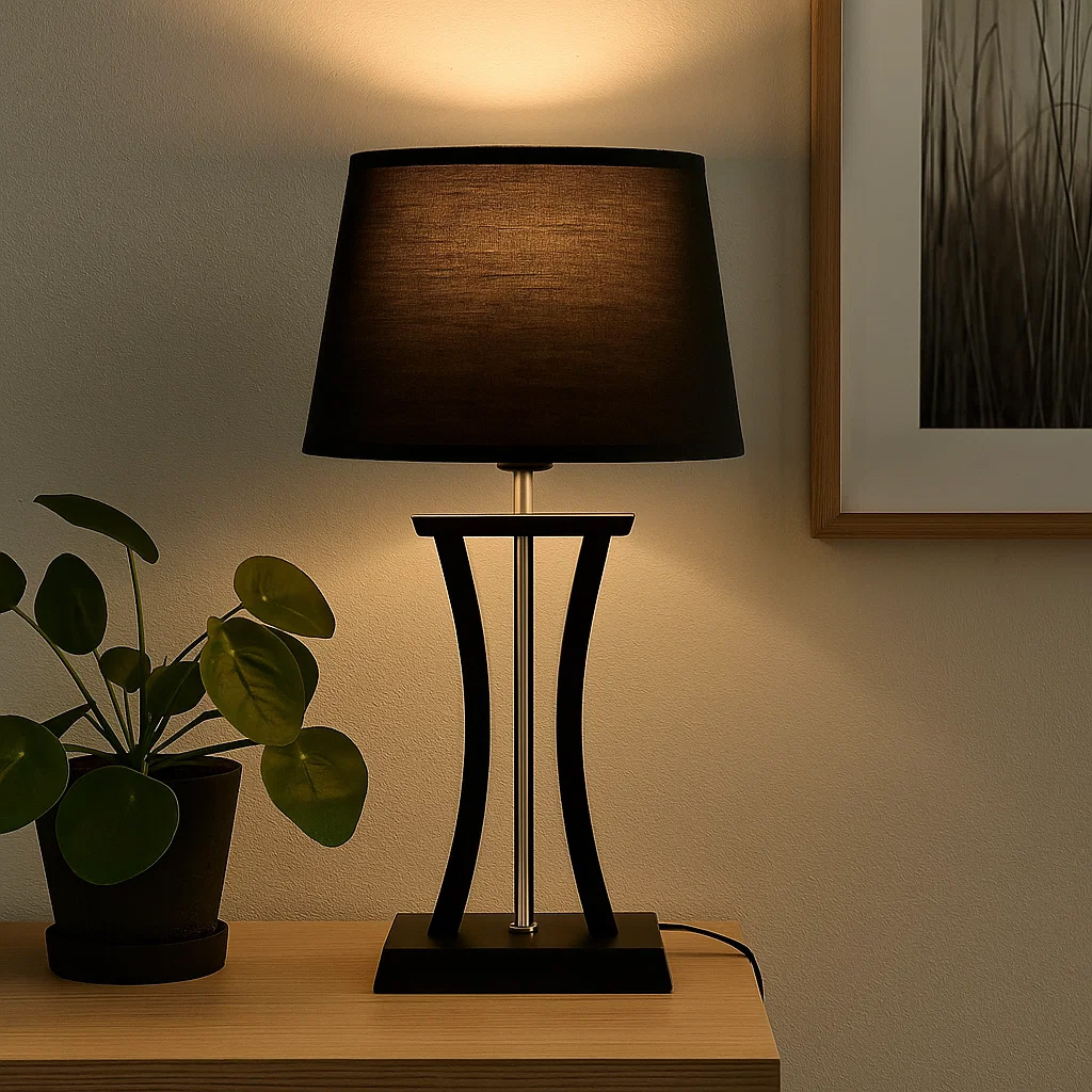 Pilastro 48cm Svart bordslampa från Lampan - Med sin eleganta svarta, ovala lampsk&auml;rm av textil och unika fot i metall ger den ett stilrent intryck oavsett om du st&auml;ller den i vardagsrummet, sovrummet eller p&aring; kontoret.