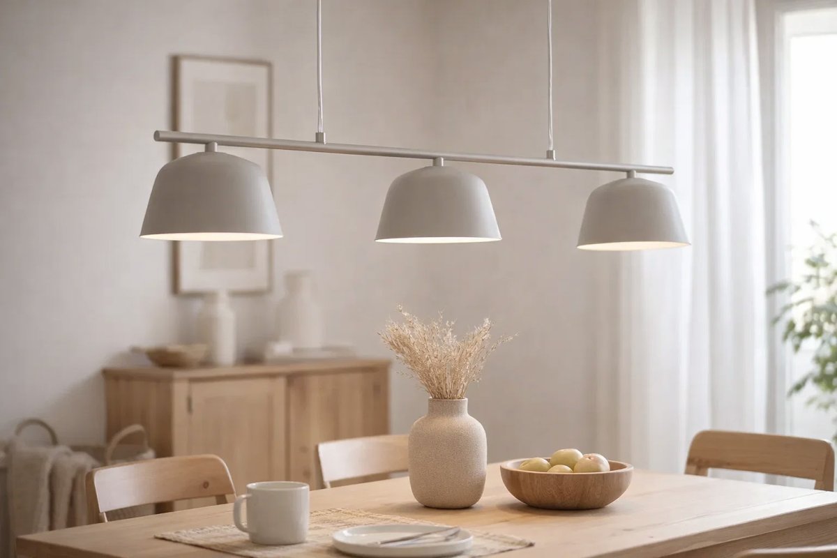 Pop 125cm Beige taklampa från Nordic Lighting - Pop &auml;r en stilren taklampa i metall med en mjuk, beige finish som ger ett lugnt och modernt intryck.