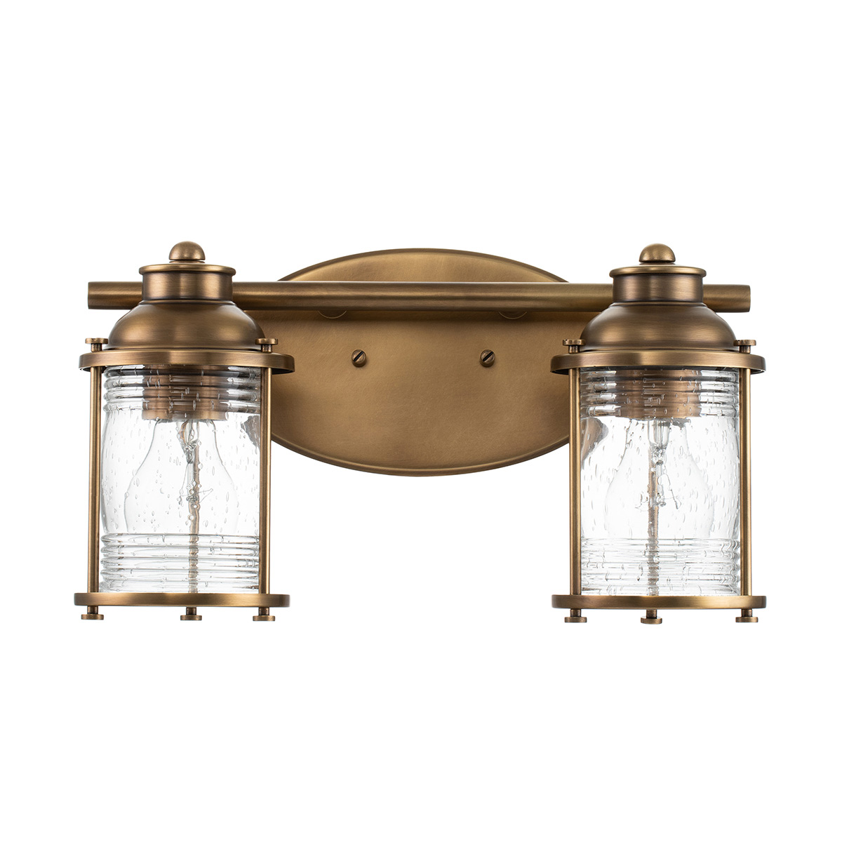 Ashland Bay 36cm Mässing badrumslampa från Elstead Lighting - Tillverkad av st&aring;l och glas, erbjuder den en lyxig m&auml;ssingsfinish och tv&aring; vackert strukturerade glas som sprider ljuset p&aring; ett behagligt s&auml;tt.