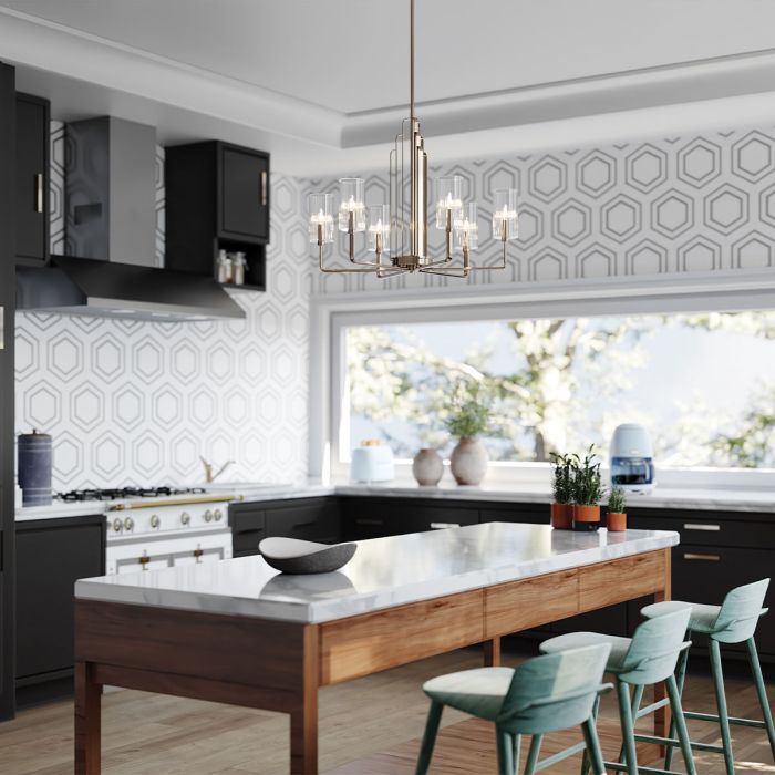 Kimrose Ø68 Nickel taklampa från Elstead Lighting - Dess geometriska former st&aring;r i fokus och f&ouml;rst&auml;rks av en elegant finish i polerad nickel.