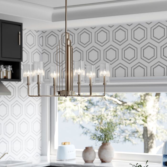 Kimrose Ø68 Nickel taklampa från Elstead Lighting - Dess geometriska former st&aring;r i fokus och f&ouml;rst&auml;rks av en elegant finish i polerad nickel.